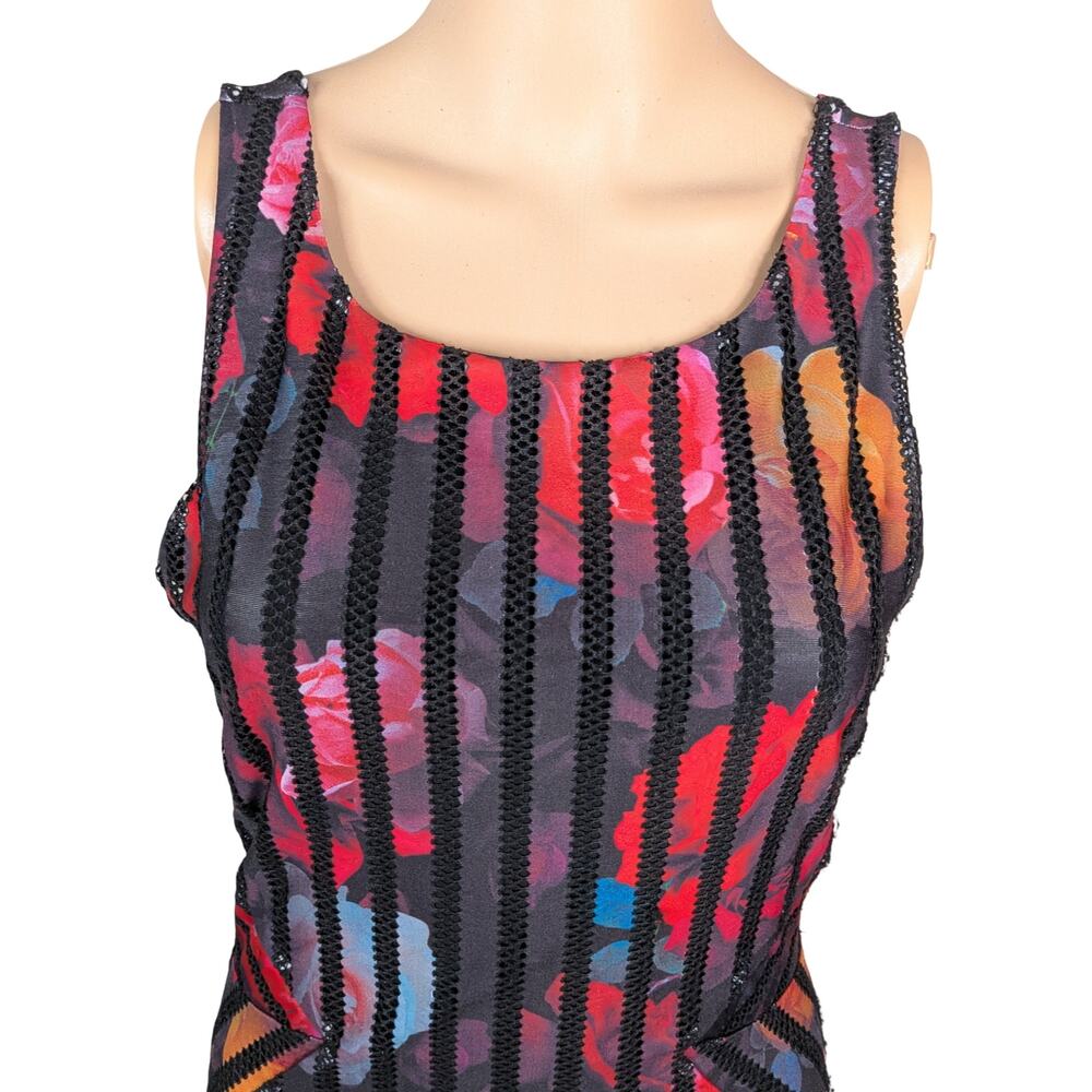 Guess Spanish Rose Floral Mesh Bodycon Dress S Black Lace Stripe Mini - Picture 6 of 12